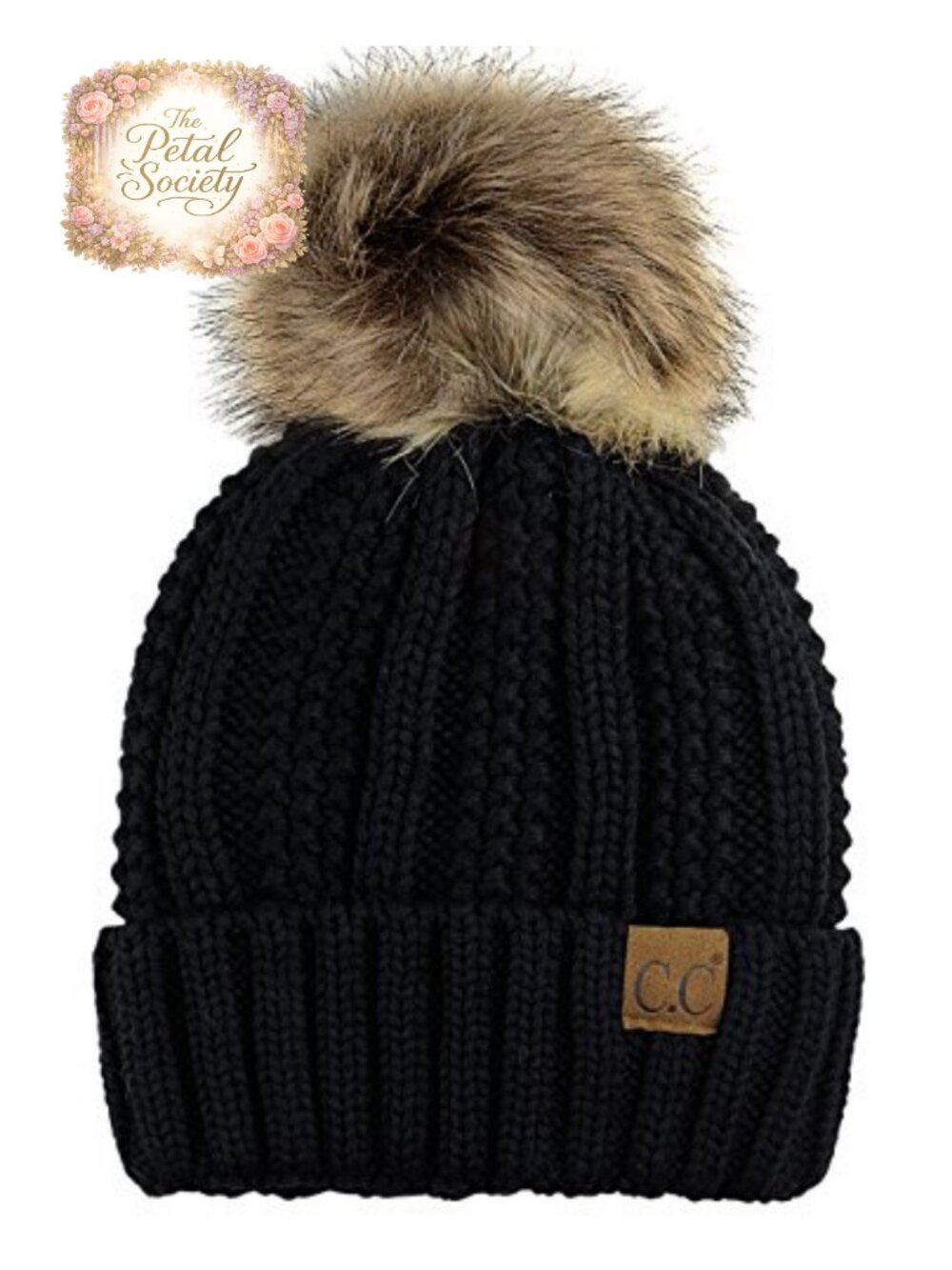 Cable Knit Faux Fur Pom Fleece Lined Cuff Beanie Winter Hat